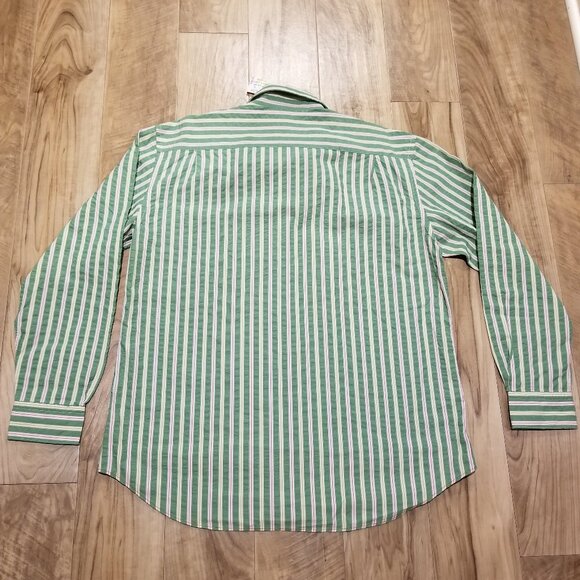 New 7 For All Mankind Pink Green Striped Crinkle Cotton Button Down Preppy XL - Picture 8 of 14